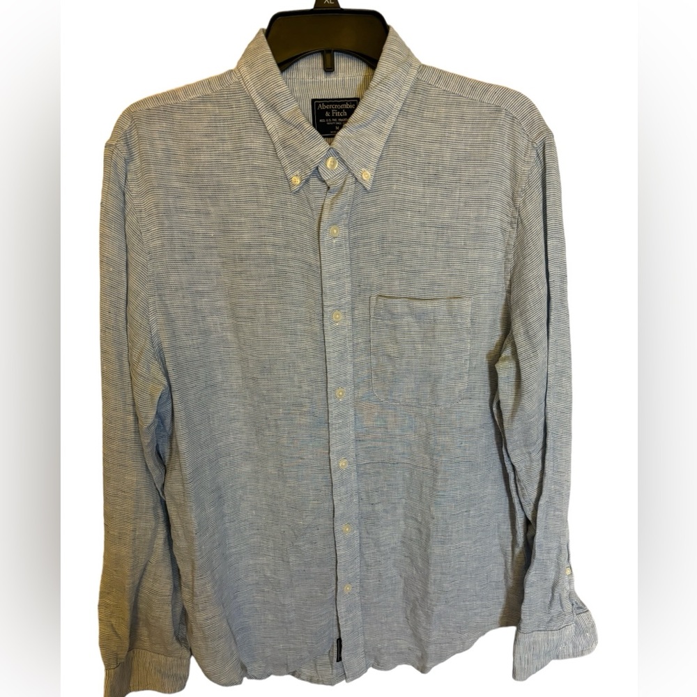 Abercrombie &‎ Fitch Men’s Blue/White Striped Linen Button Up Shirt Size Medium